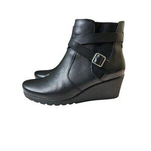 ABEO Black Leather Ankle Boots Women's 8.5 Geranium Wedge Heel Buckle Moto